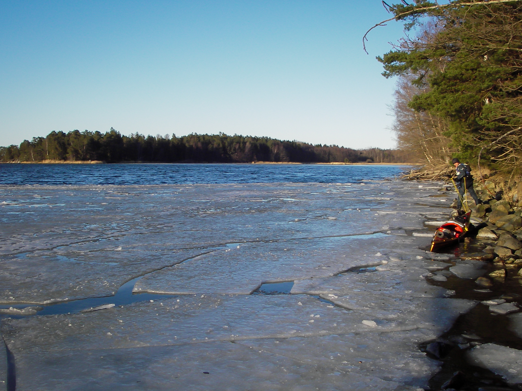 Havspaddlare drar kajak längs stranden. Vattnet är täckt av flakis. Stockholms skärgård.