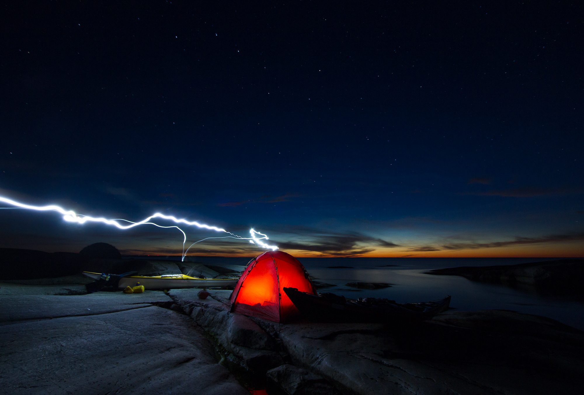 Tent under the stars at island of Håkanskär, Stockholm archipelago.