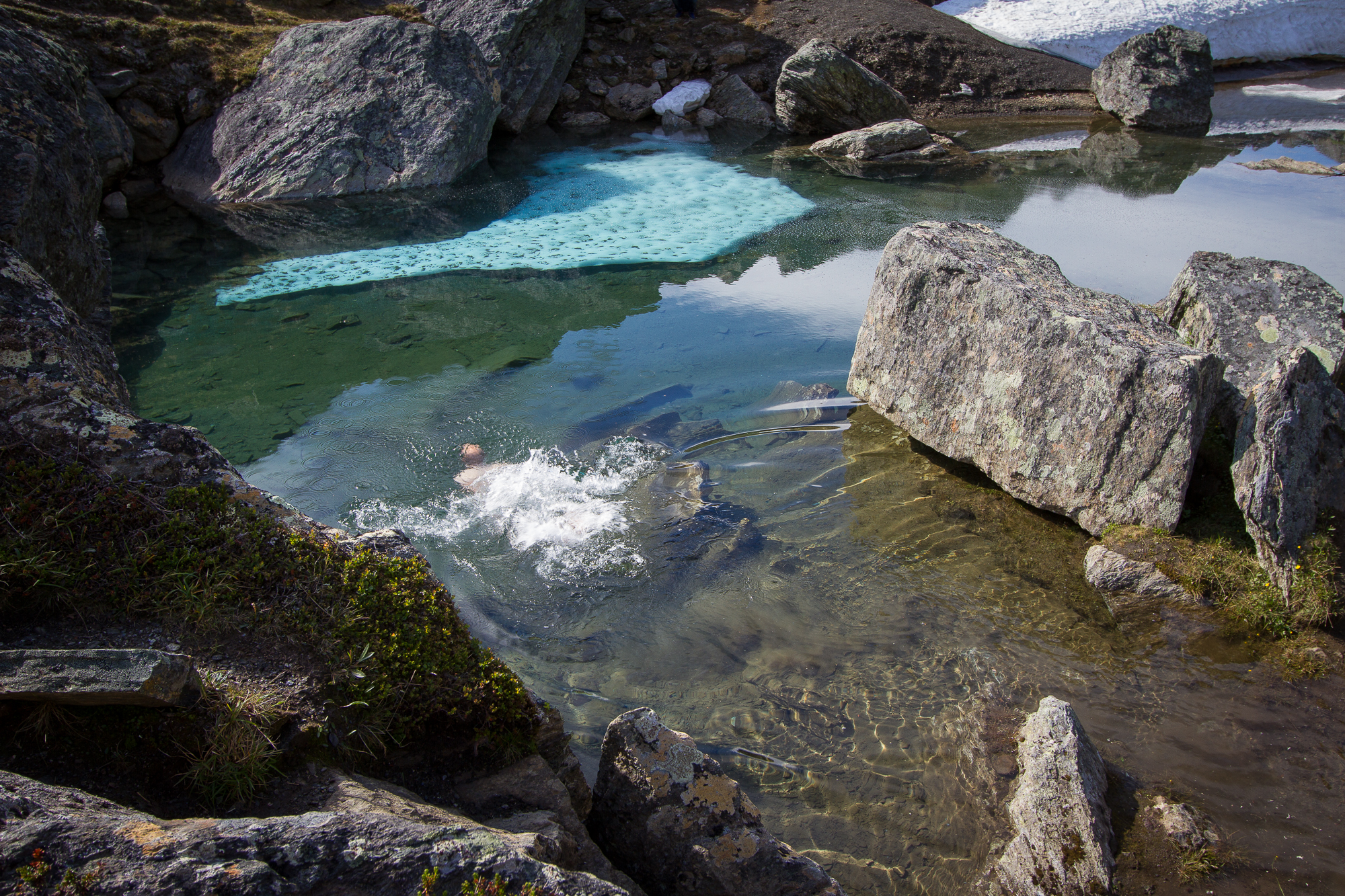 A person swimming in lake Trollsjön, Swedish Lapland.