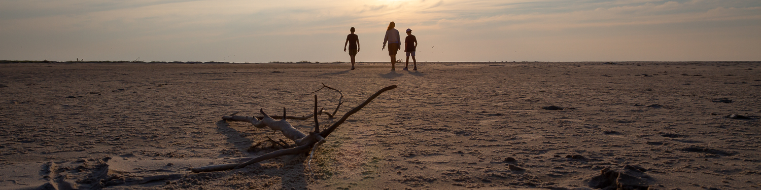 Tre personer promenerar i låg eftermiddagssol över Bredsandsudde på Gotska Sandön
