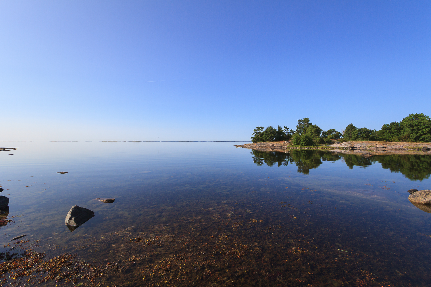 Morgon vid en spegelblank Svartlögafjärd i Stockholms skärgård