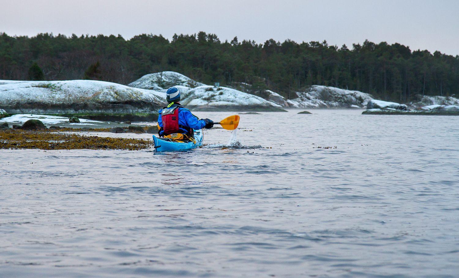 Kajakpaddlare i vintrigt Stendörrens naturreservat, Sörmlands skärgård