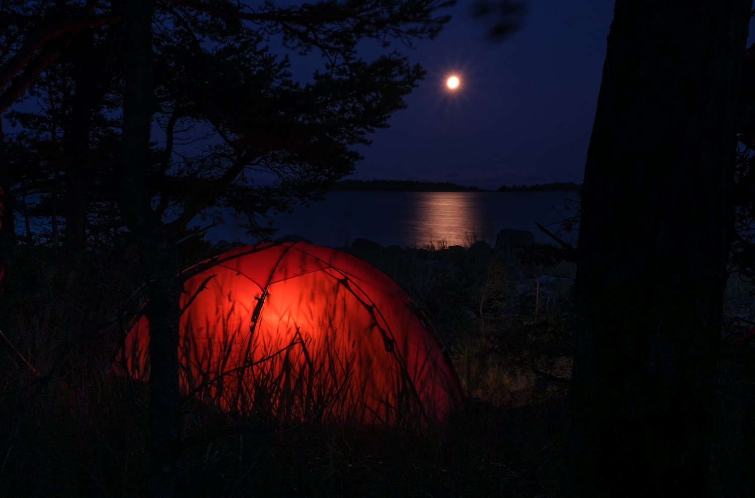 Tält i månsken i Stockholms skärgård